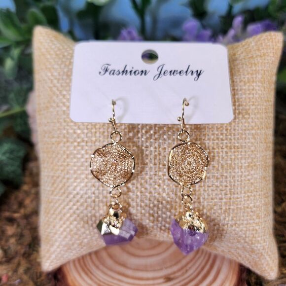 18K Gold Plated Amethyst Dreamcatcher Earrings #6 - Picture 1 of 1